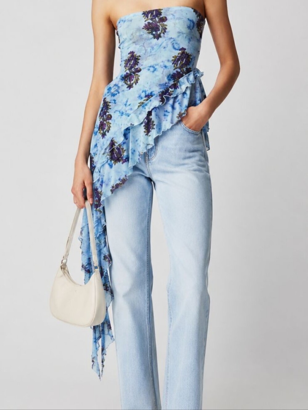 Free People Light Blue Floral Wrap Top with Purple Detail Size S P